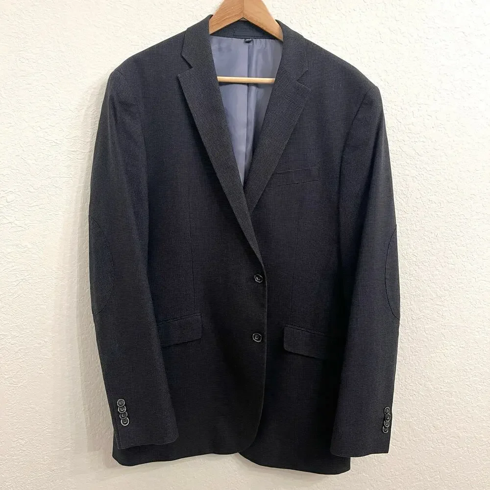 Jos A Bank Linen Cotton Houndstooth Blazer 40L Navy Tailored Fit Elbow Patches